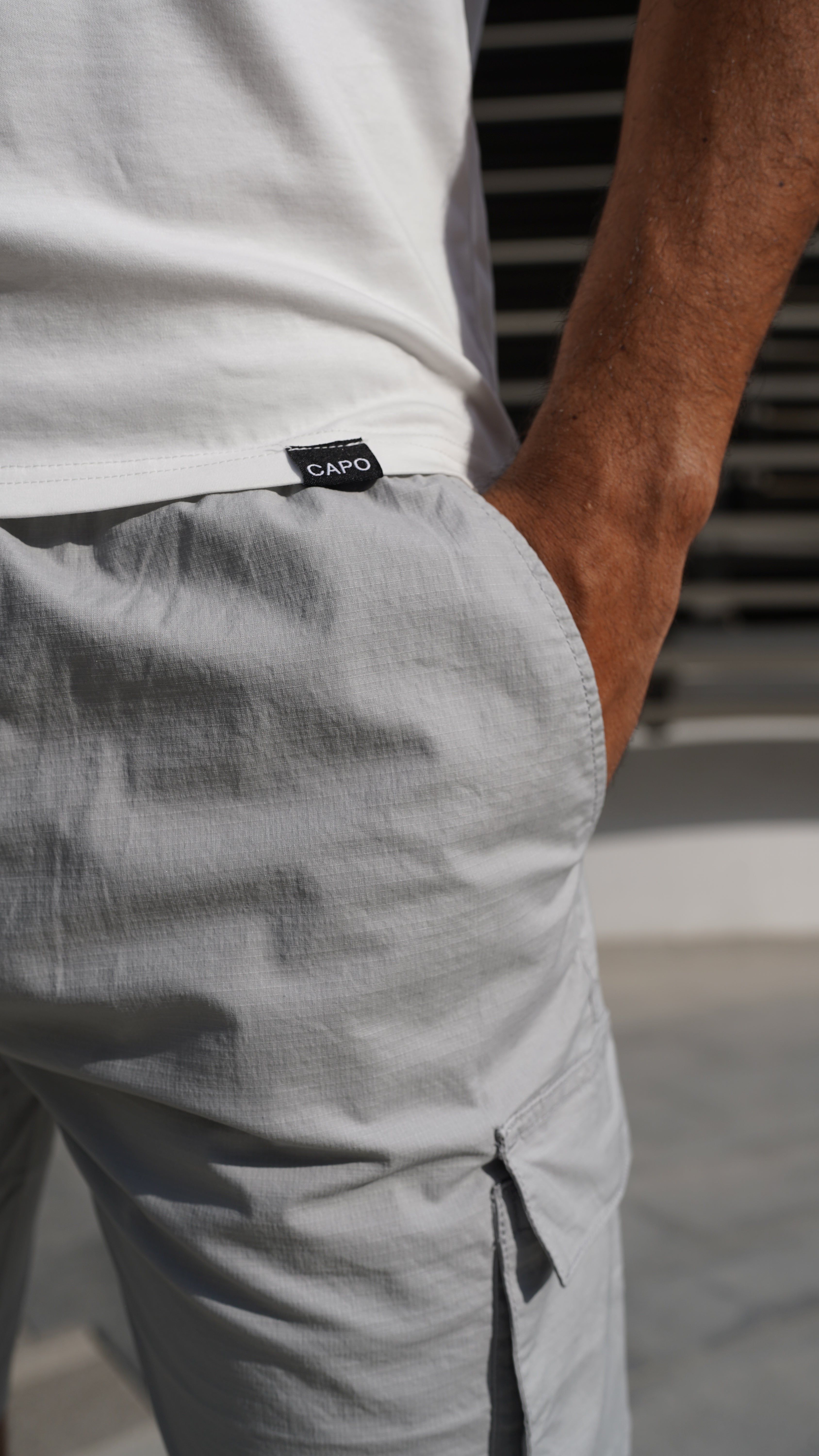 Pocket view of CAPO Utility Cotton Light Grey Cargo Shorts